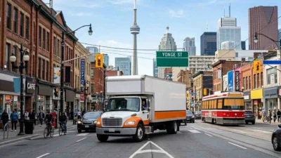 Professional moving truck driving on Yonge Street in Downtown Toronto near CN Tower.