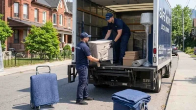 Two professional movers loading wrapped furniture and boxes into a residential moving truck