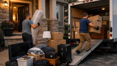 Professional movers in Vaughan ON loading home furniture and moving boxes into a truck - Safe Move.