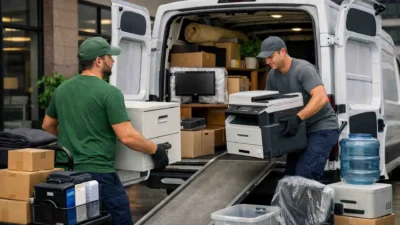 Moving truck and professional movers in North York residential area