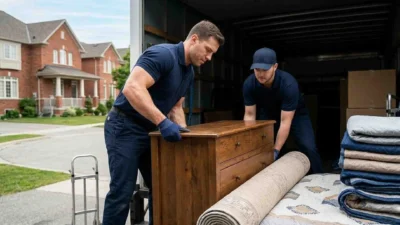 Professional movers carefully loading a wooden dresser and rugs in Aurora Ontario