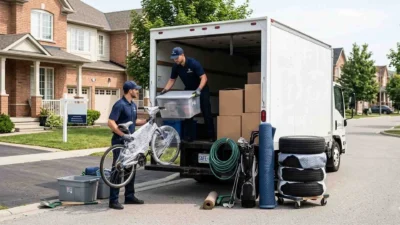 Safe Move movers loading bicycle, sports equipment and garage boxes in Aurora Ontario