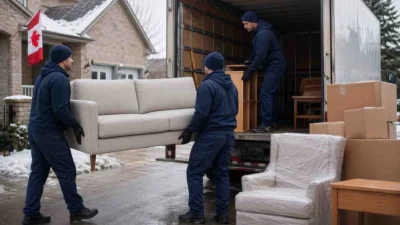 Safe Move movers performing a winter house move in Aurora Ontario with professional sofa protection