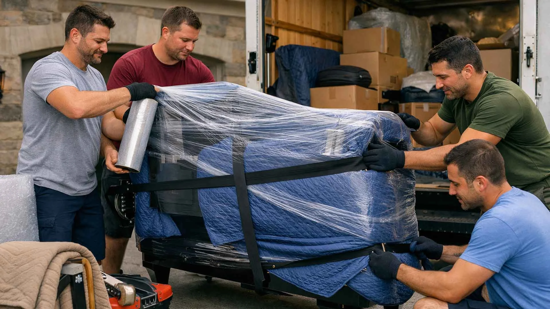 Furniture Protection and Packing Services - North York Movers Professional movers in North York wrapping furniture with stretch film and blankets for safe transport