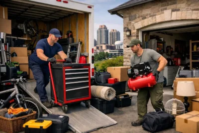 Professional local movers in Markham loading a moving truck with specialized equipment.