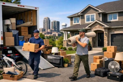 Reliable residential movers in Markham unloading household items at a family home.