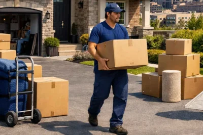 Markham local mover carrying a cardboard box during a residential house move.
