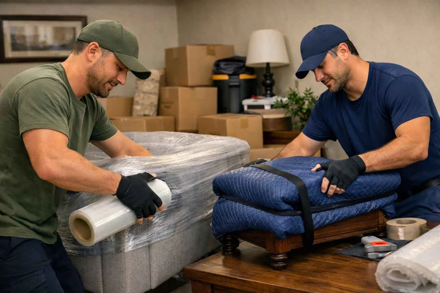 Professional furniture wrapping and protection by Markham movers using stretch film and moving blankets.
