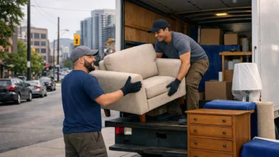 movers in Mississauga loading an armchair into a moving truck for residential relocation.