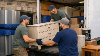 Full-service movers in Mississauga loading heavy furniture into a moving truck with professional care.