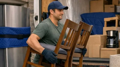areful furniture moving in Mississauga - Professional movers handling wooden chairs with protective gear.