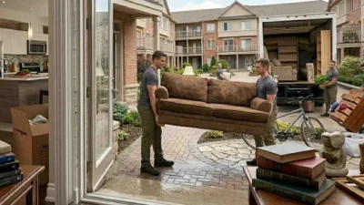 Professional movers in Richmond Hill Ontario carrying a sofa during a residential relocation in York Region.