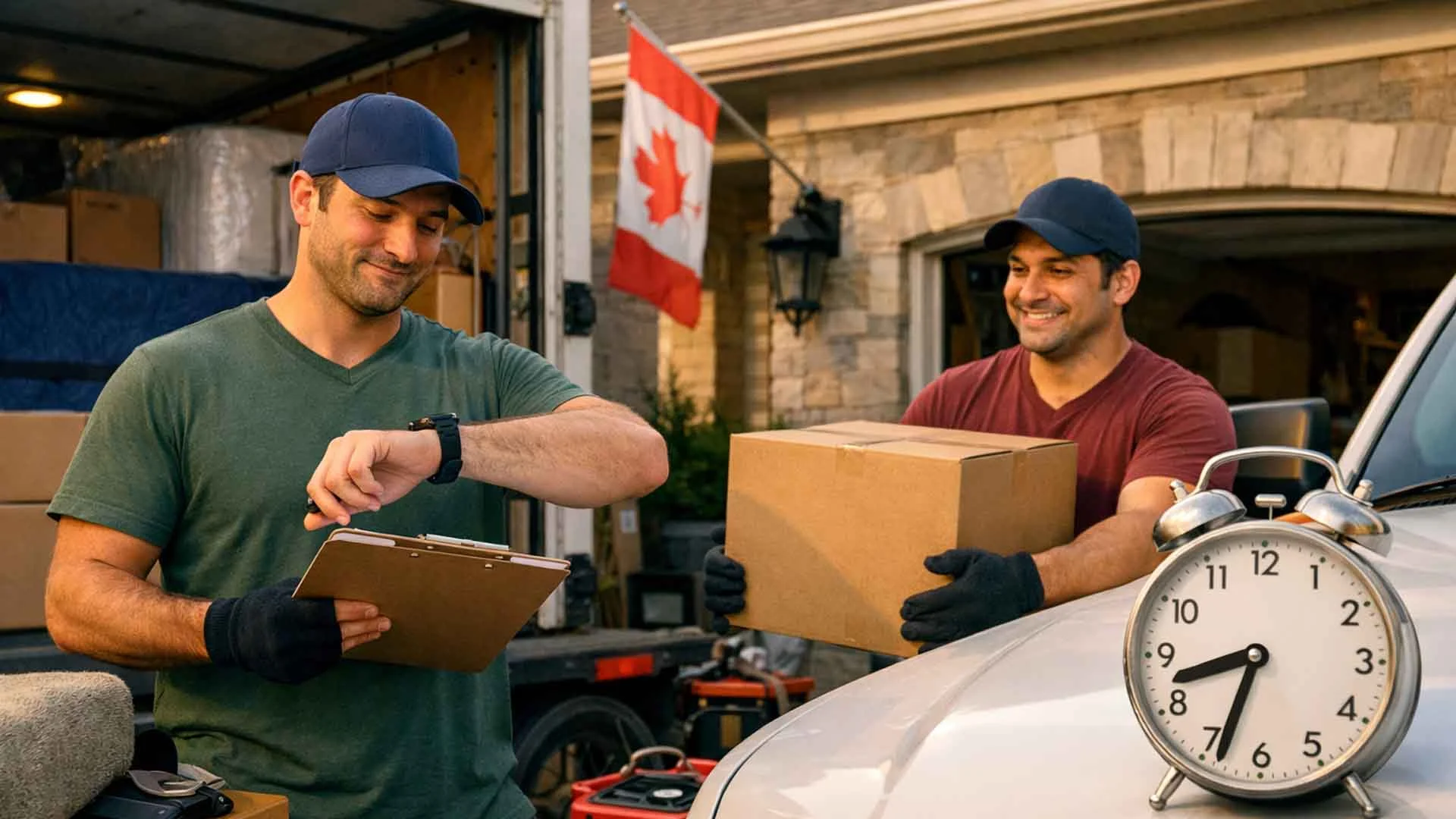 Professional Movers Aurora - Residential Moving Company текст (Alt Text) Professional movers unloading a residential truck in Aurora, Ontario residential neighborhood