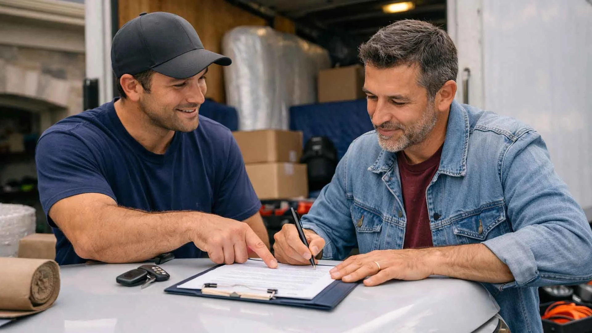 Movers and Client Reviewing Contract - Aurora Reliable Moving Professional movers and customer reviewing and signing moving contract in Aurora, Ontario