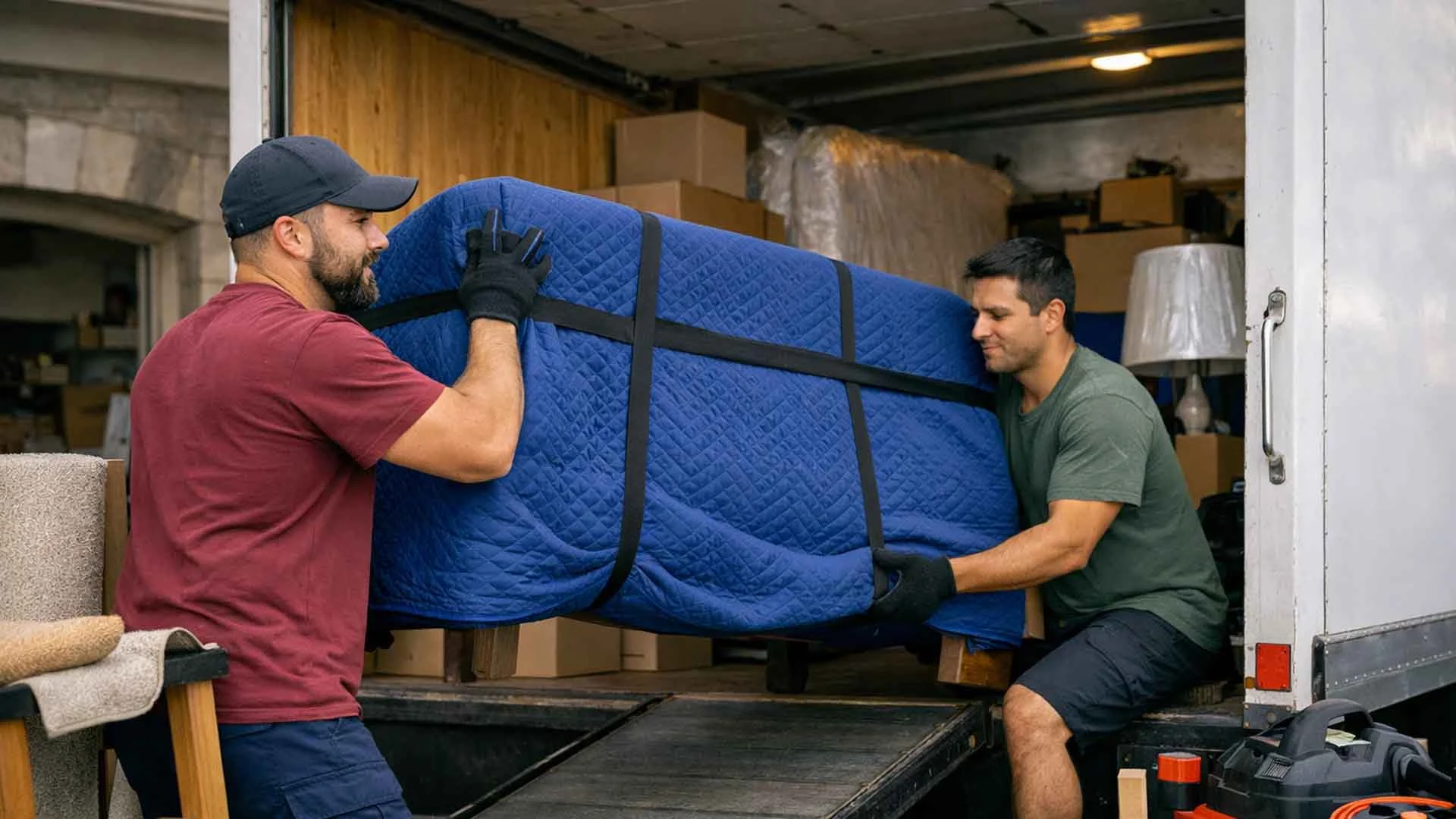 Furniture Protection and Loading - Safe Move Aurora Professional movers in Aurora Ontario loading furniture with protective blankets into a truck